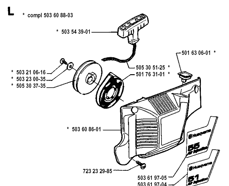 Starter Diagram and Parts List for 51 19942300001-19982300000 Husqvarna Chainsaw