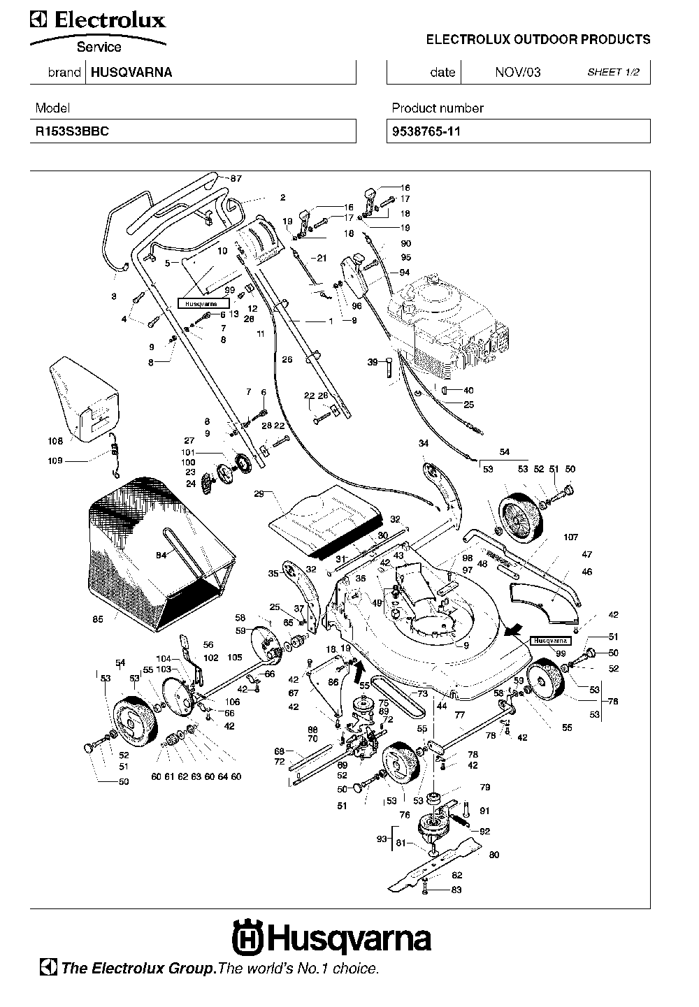 Product Complete Diagram and Parts List for R153S3BBC (953876511)(2004-01) Husqvarna Lawn Mower
