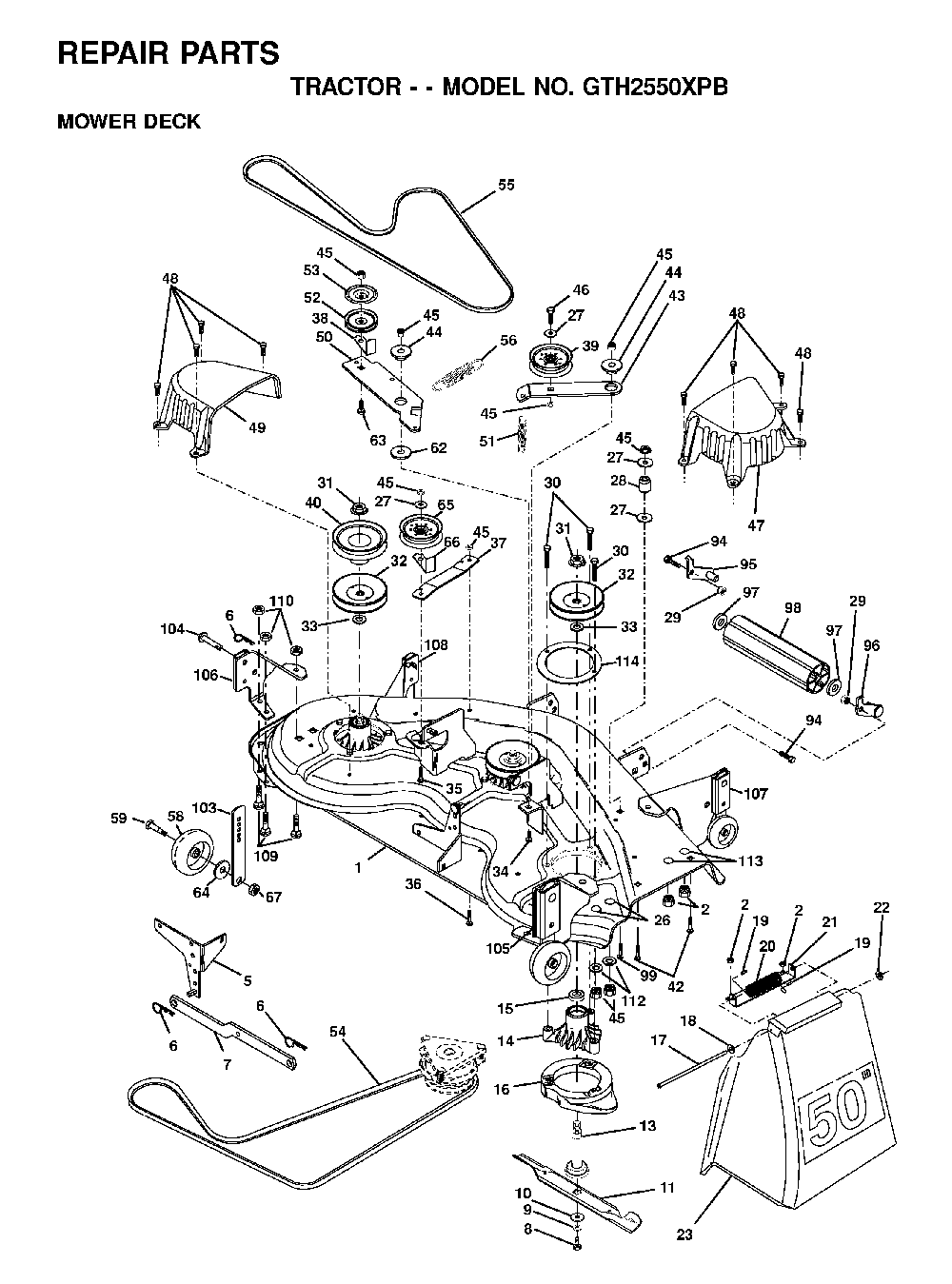 Mower Deck / Cutting Deck Diagram and Parts List for GTH2550XPB (954567116)(2001-02) Husqvarna Lawn Tractor