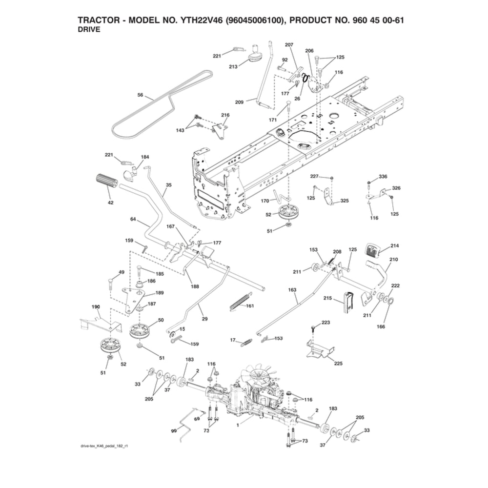 Drive Diagram and Parts List for YTH22V46-96045006100  Husqvarna Lawn Tractor
