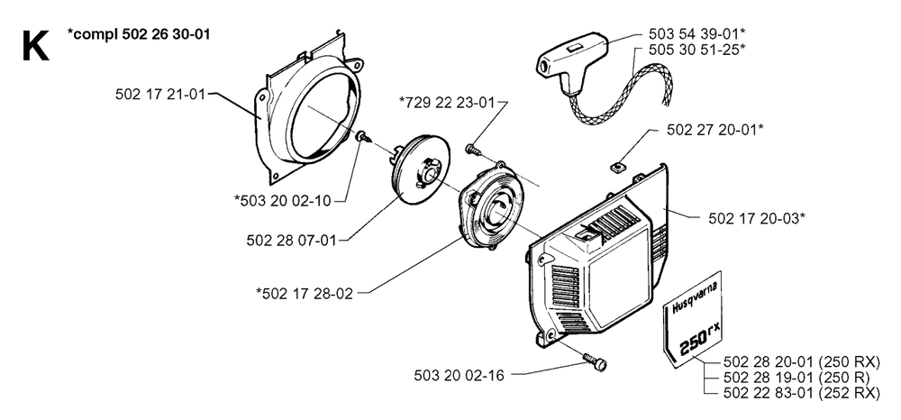 Starter Diagram and Parts List for 250RX 19973100001 & Above Husqvarna Trimmer