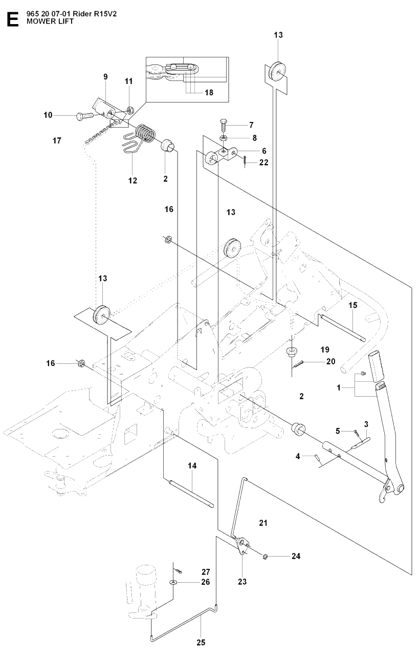 Mower Lift / Deck Lift Diagram and Parts List for R15-V2 (965200701)(2008-01) Husqvarna Lawn Tractor