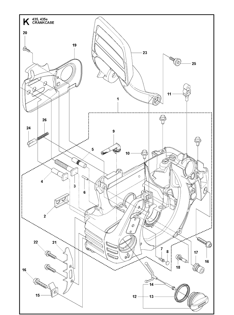Crankcase Diagram and Parts List for 435-435E 2011-05 Husqvarna Chainsaw