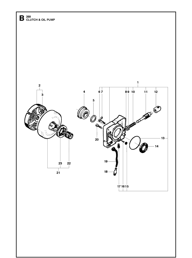 Clutch And Oil Pump Diagram and Parts List for 288XP  Husqvarna Chainsaw