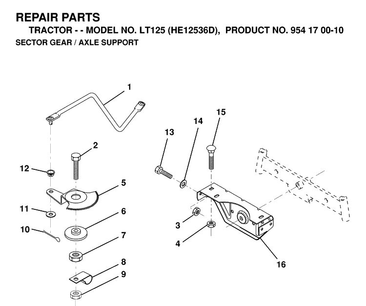 Sector Gear / Axle Support Diagram and Parts List for LT125 (HE12536D)(1998-12) Husqvarna Lawn Tractor