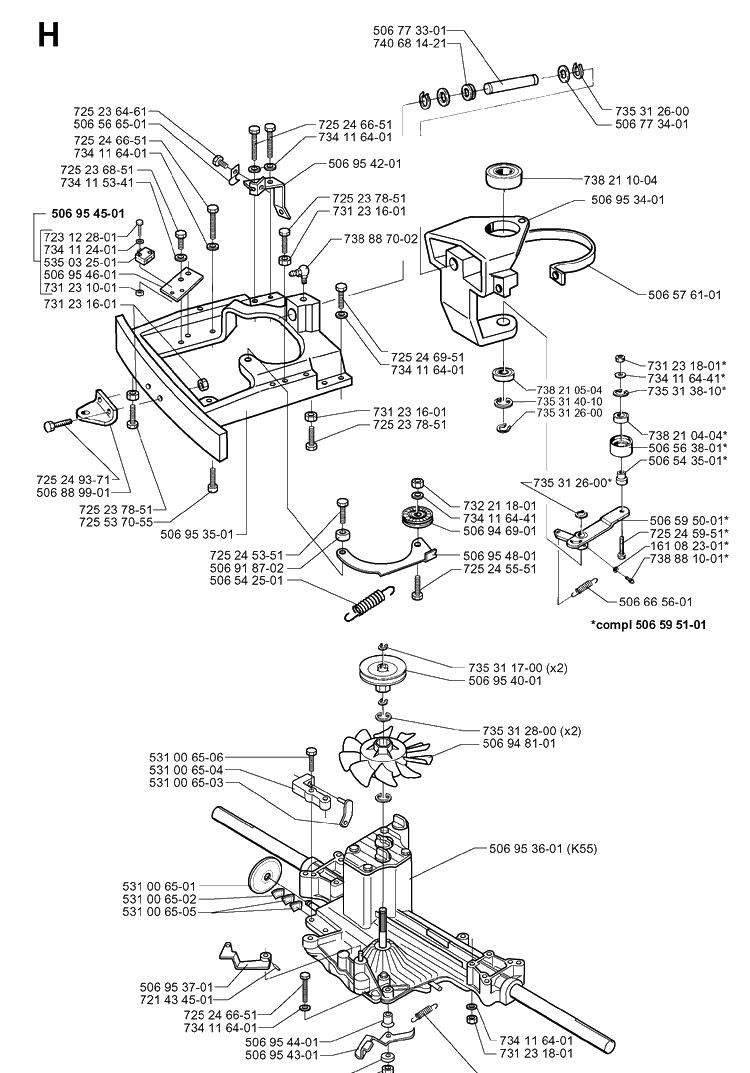 Transmission Diagram and Parts List for RIDER850HST 1997-03 Husqvarna Lawn Mower