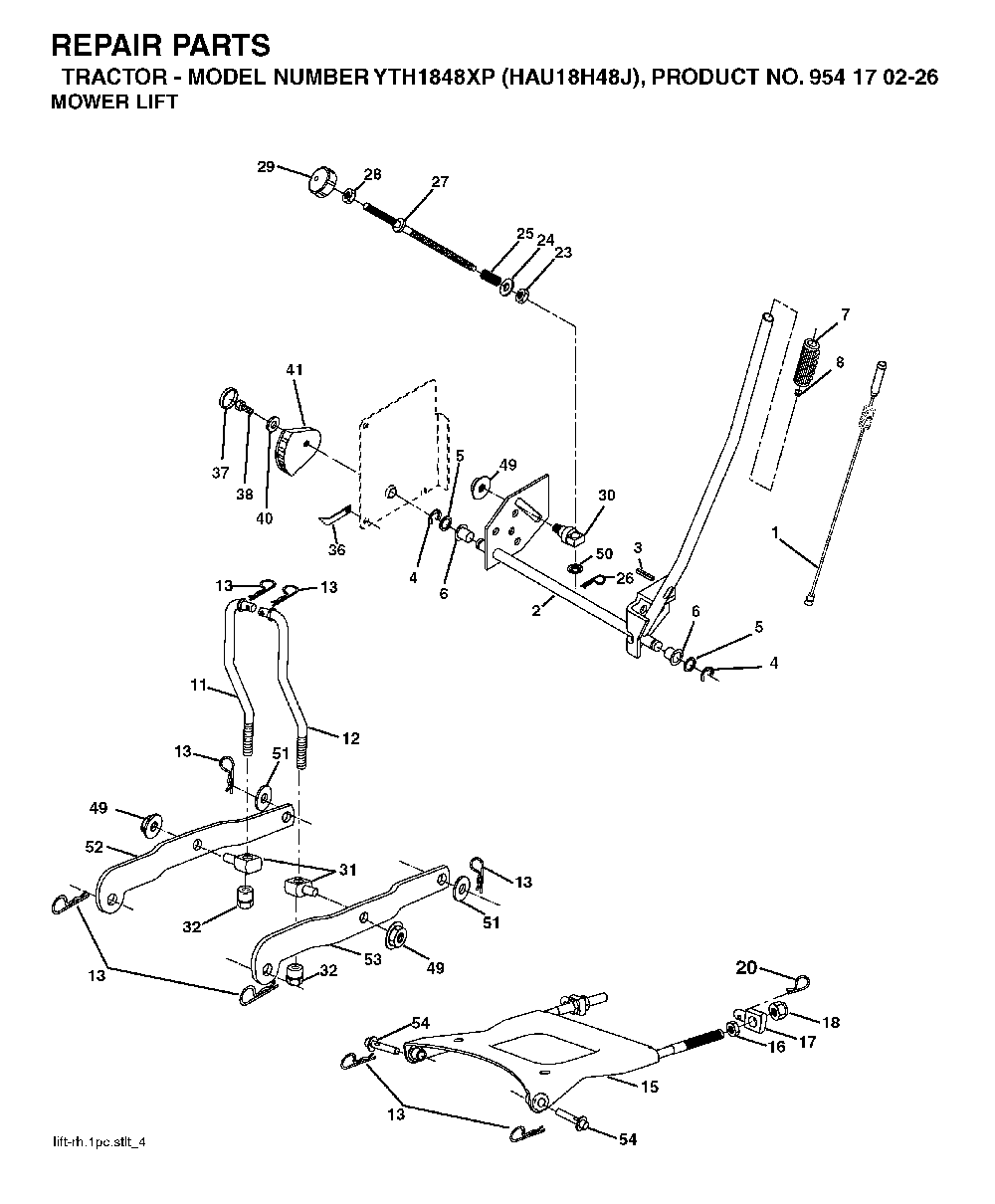 Mower Lift / Deck Lift Diagram and Parts List for YTH1848XP (HAU18H48J, 954170226)(2004-09) Husqvarna Lawn Tractor