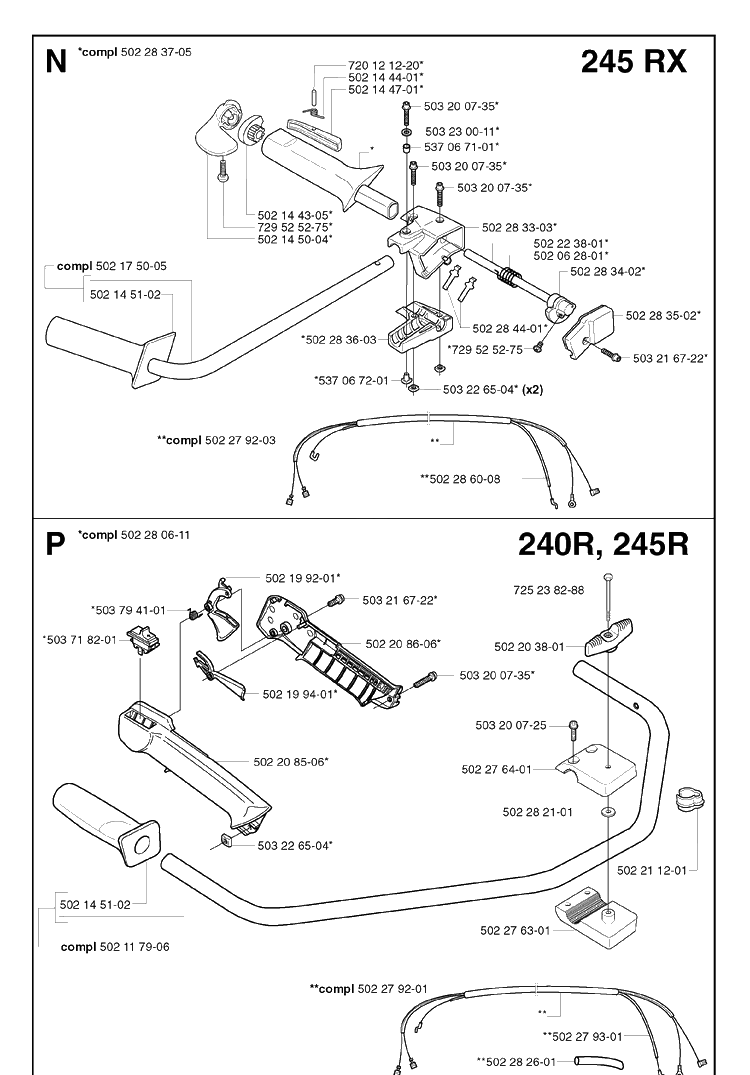 Handle And Controls Diagram and Parts List for 245R 20023100001-Current Husqvarna Brush Cutter
