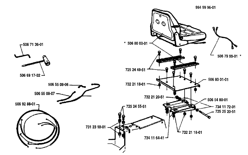 Seat And Electrical Diagram and Parts List for R1000 1995-03 Husqvarna Lawn Tractor