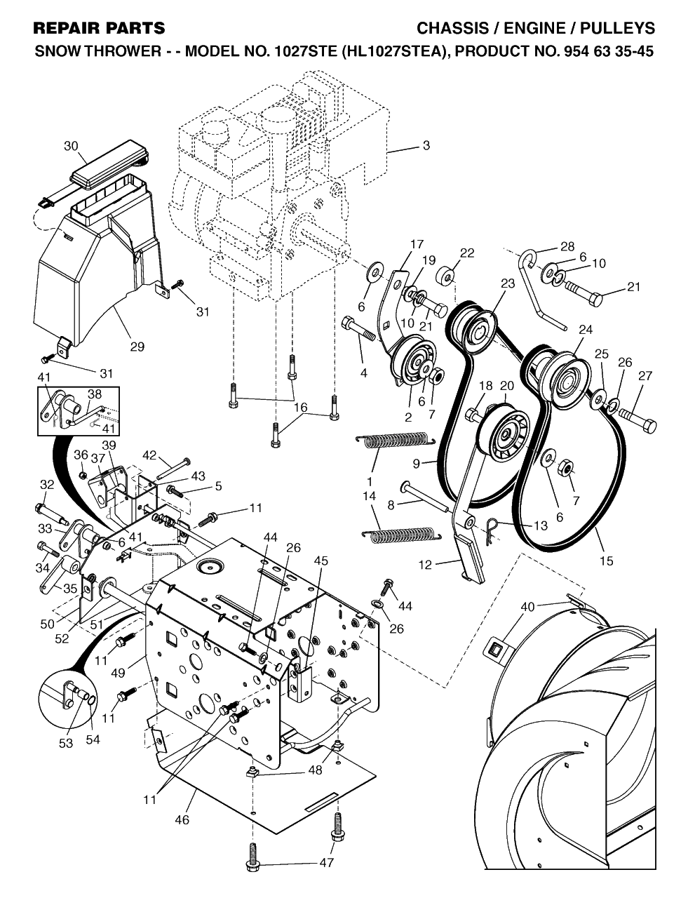 Chassis, Engine And Pulleys Diagram and Parts List for 1027STE (954633545-A)(2004-03) Husqvarna Snow Blower