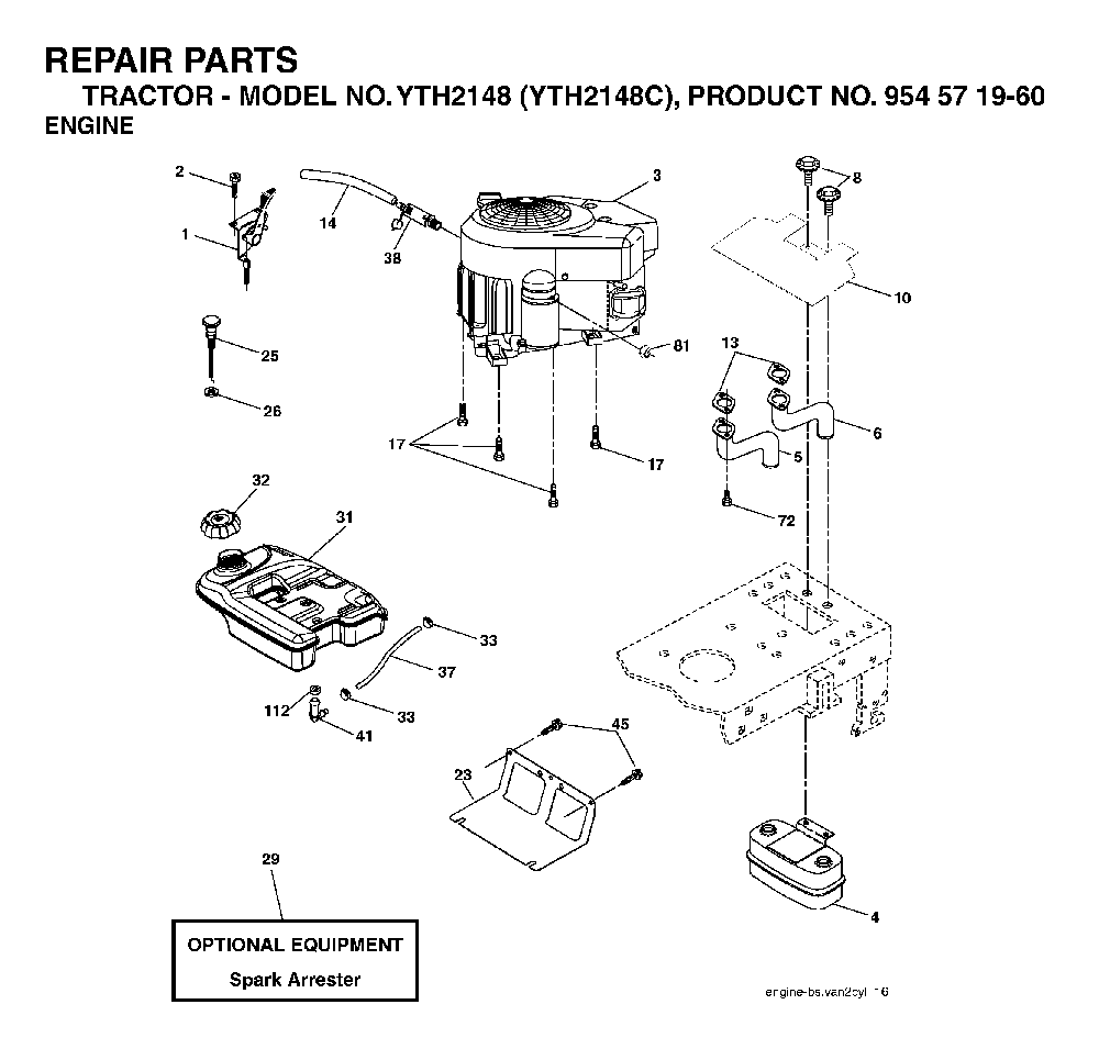 Engine Diagram and Parts List for YTH2148C (954571960)(2004-03) Husqvarna Lawn Tractor