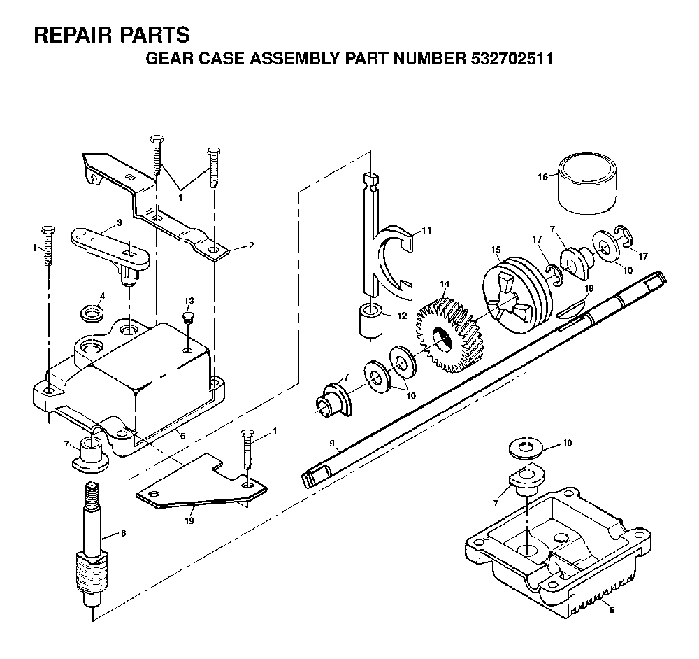 Gear Case Diagram and Parts List for 56SFE (954076401A)(1995-09) Husqvarna Lawn Mower