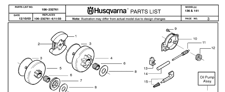 Clutch And Oil Pump Diagram and Parts List for 136 20040100001-Current Husqvarna Chainsaw