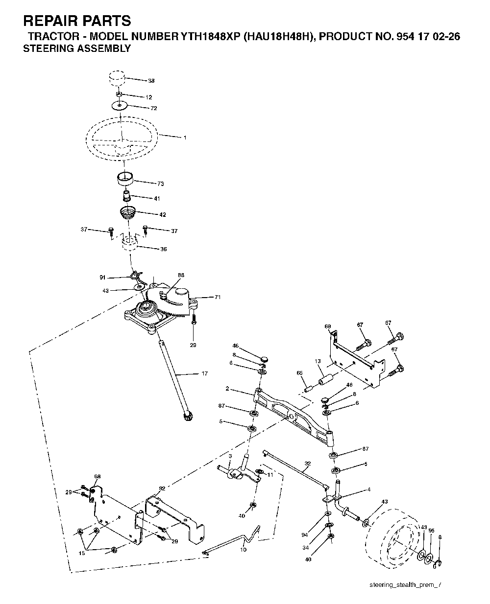 Steering Diagram and Parts List for YTH1848XP (HAU18H48H, 954170226)(2004-09) Husqvarna Lawn Tractor
