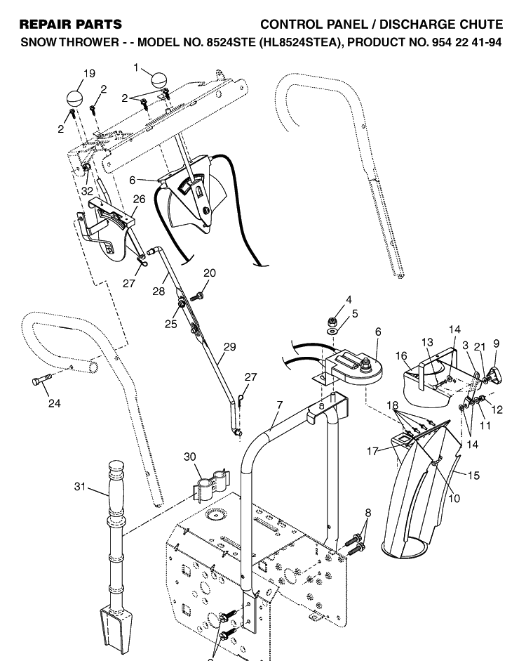 Control Panel And Discharge Chute Diagram and Parts List for 8524STE (HL8524STEA)(2004-08) Husqvarna Snow Blower