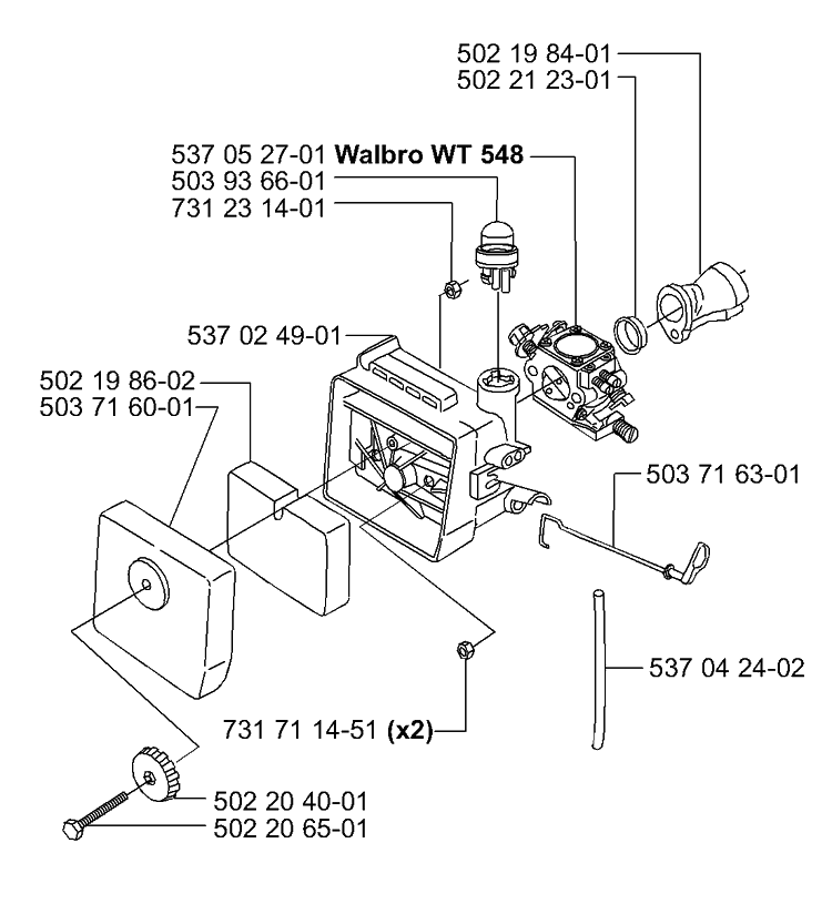 Air Filter/Carburetor Diagram and Parts List for 225L 2000-10 Husqvarna Trimmer