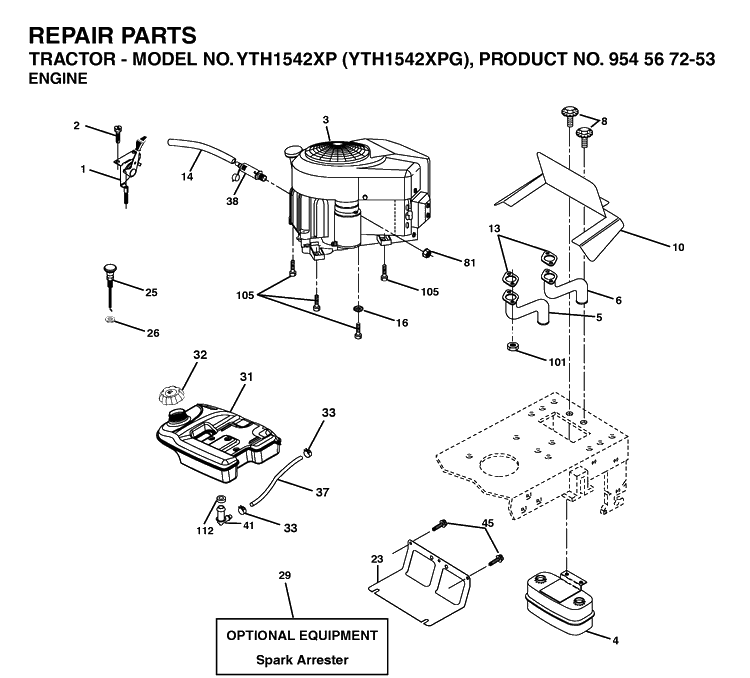 Engine Diagram and Parts List for YTH1542XP (954567253)(2003-03) Husqvarna Lawn Tractor