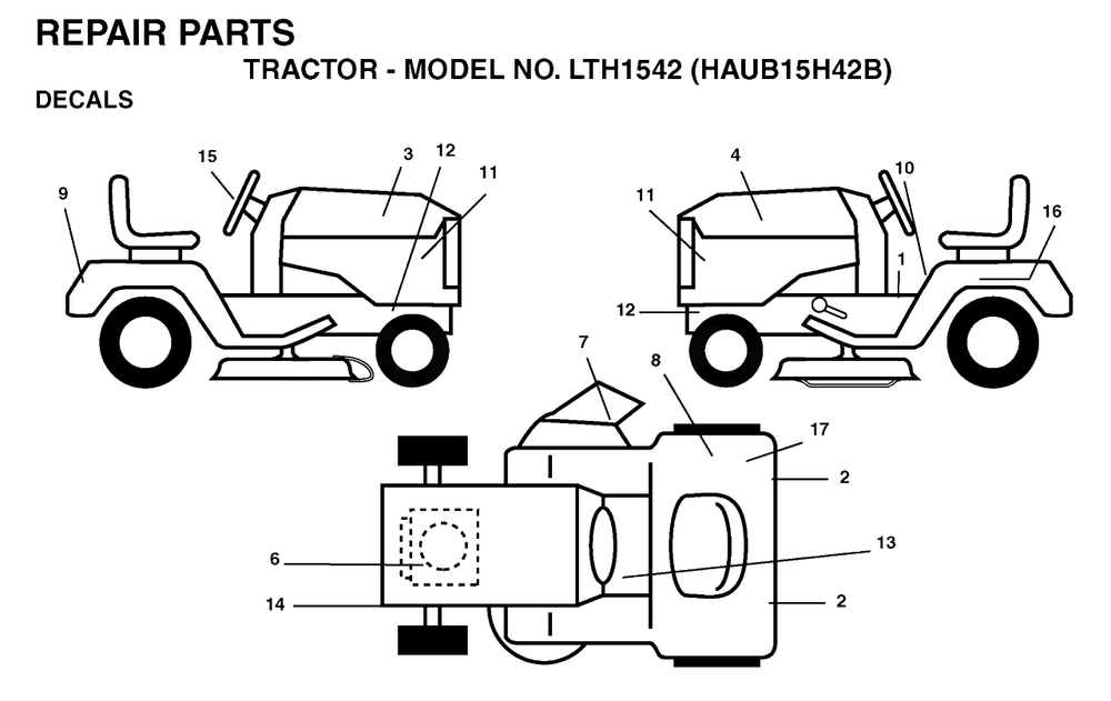 Decals Diagram and Parts List for LTH1542 (954170086-B)(2004-01) Husqvarna Lawn Tractor