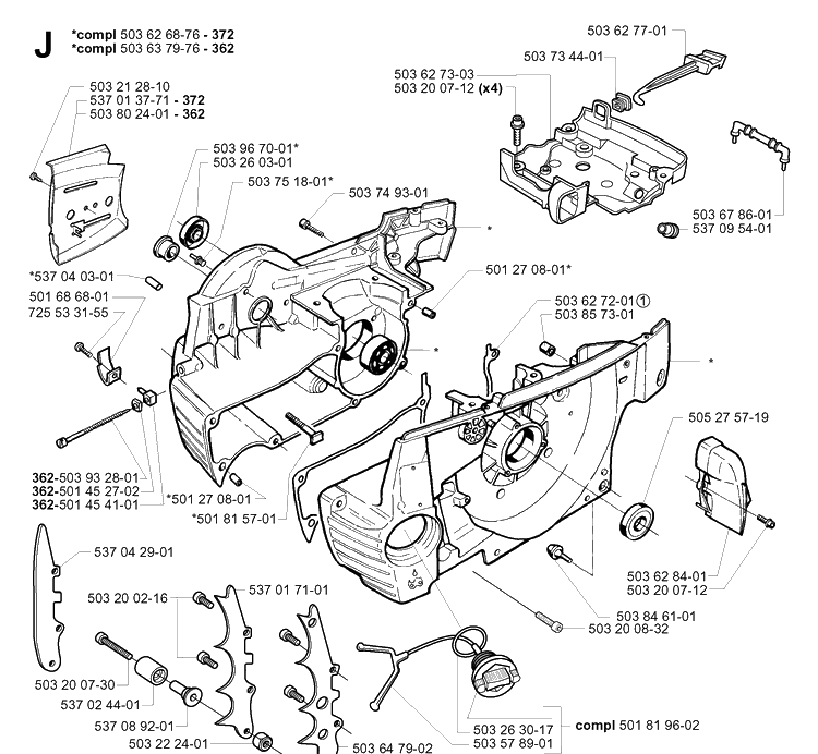 Crankcase Diagram and Parts List for 372XP/ (XPG)(20034000001-20051800000) Husqvarna Chainsaw
