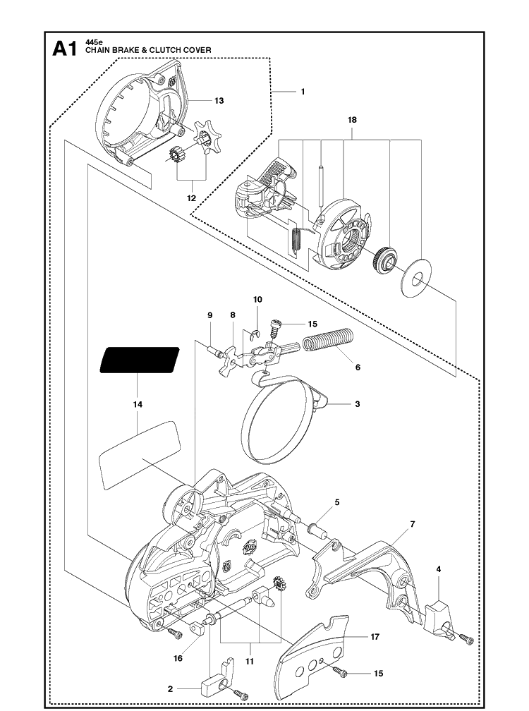 Chain Brake Clutch Cover Diagram and Parts List for 445E 2011-07 Husqvarna Chainsaw
