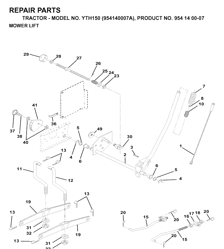 Mower Lift / Deck Lift Diagram and Parts List for YTH150 (954140007A)(1997-01) Husqvarna Lawn Tractor