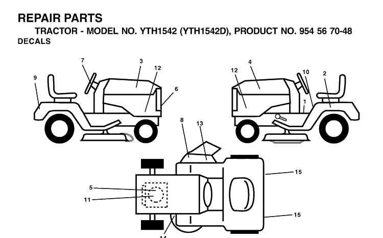 Decals Diagram and Parts List for YTH1542 (954567048)(2001-11) Husqvarna Lawn Tractor