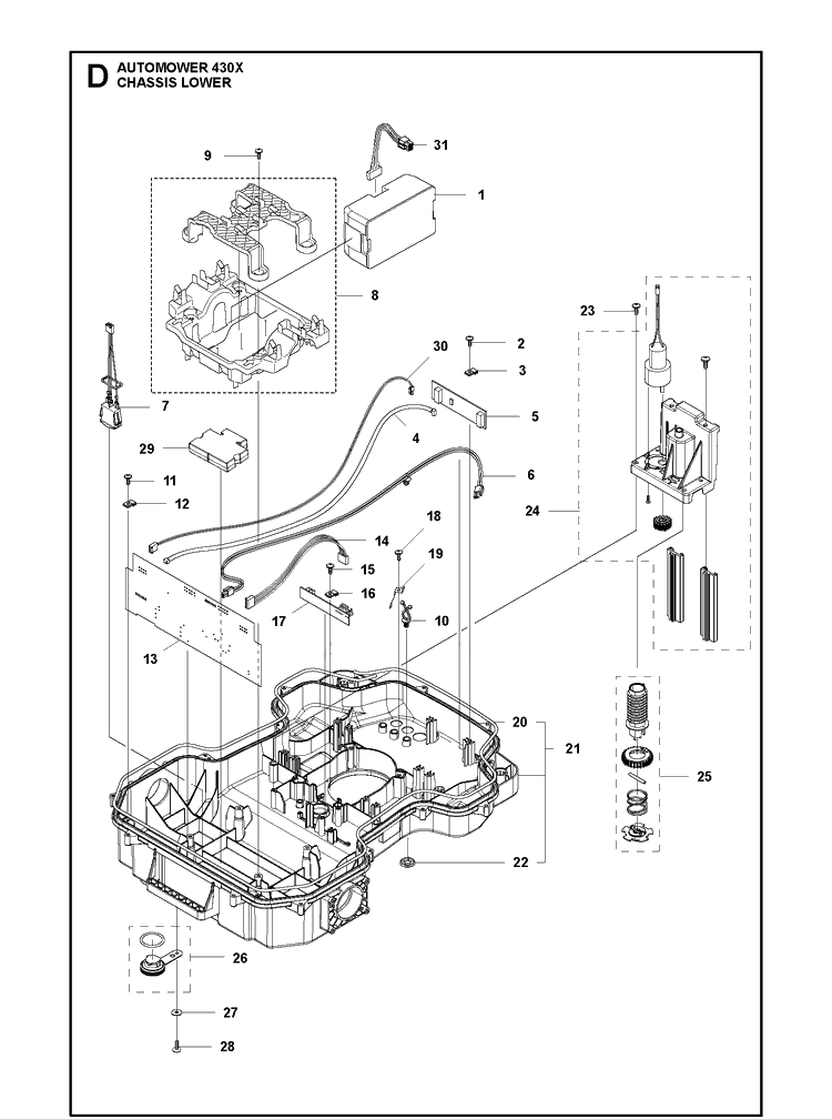 Chassis Lower Diagram and Parts List for 430X 2020 Husqvarna Lawn Mower