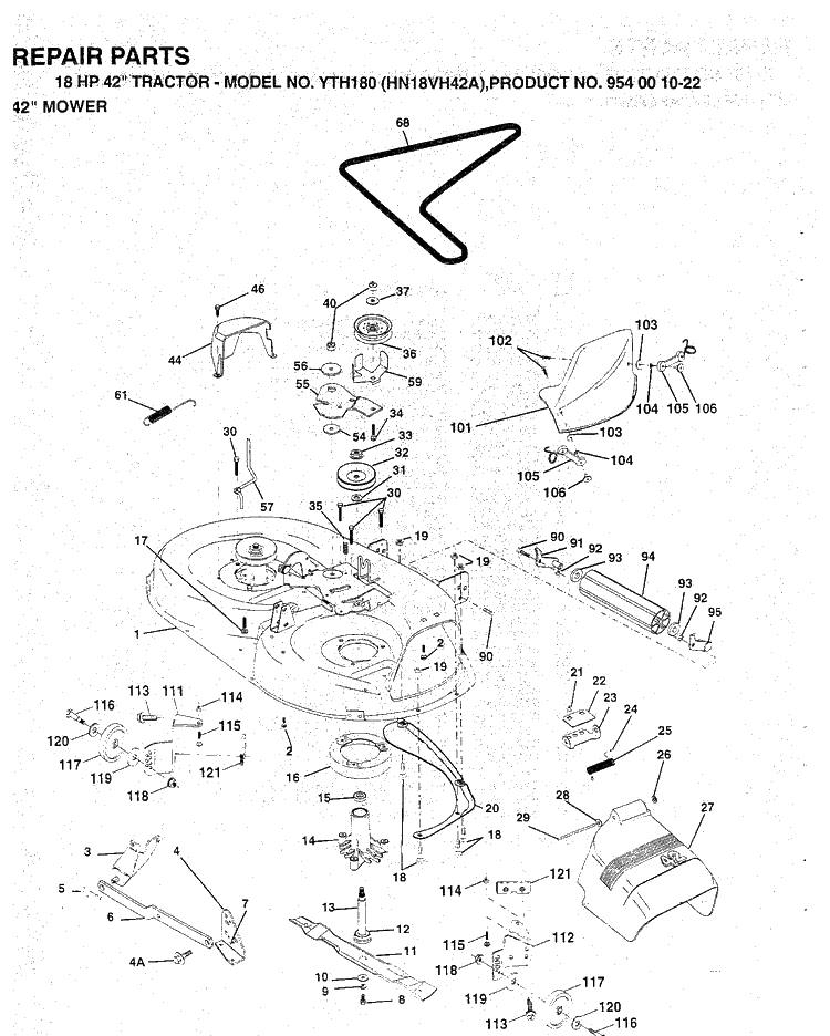42inch Cutting Deck Diagram and Parts List for YTH180 (954001022)(1994-03) Husqvarna Lawn Tractor