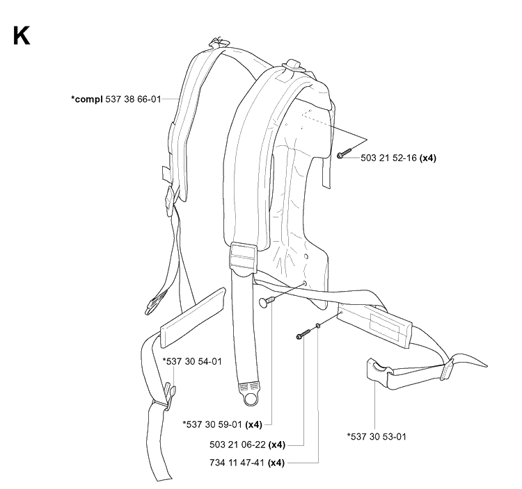 Harness Diagram and Parts List for 356BF 20044000001-20144899999 Husqvarna Leaf Blower / Vacuum