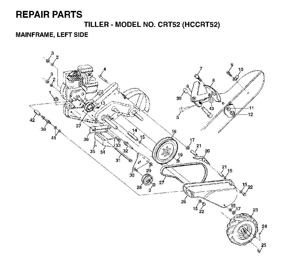 Mainframe, Left Side Diagram and Parts List for CRT52 (HCCRT52, 954140020)(1997-01) Husqvarna Tiller