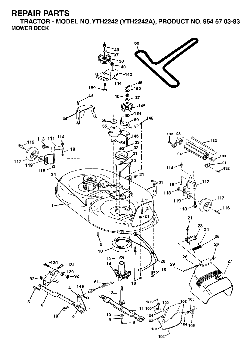 Mower Deck / Cutting Deck Diagram and Parts List for YTH2242A (954570383)(2003-01) Husqvarna Lawn Tractor