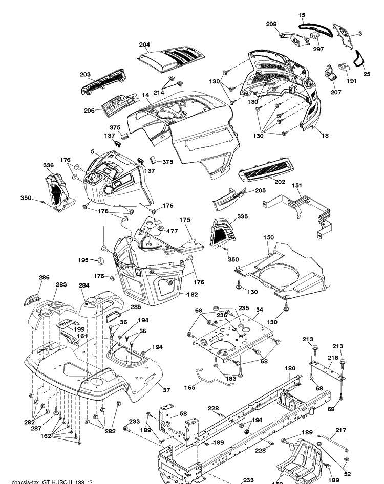 Chassis / Frame Diagram and Parts List for YTA24V48  Husqvarna Lawn Tractor