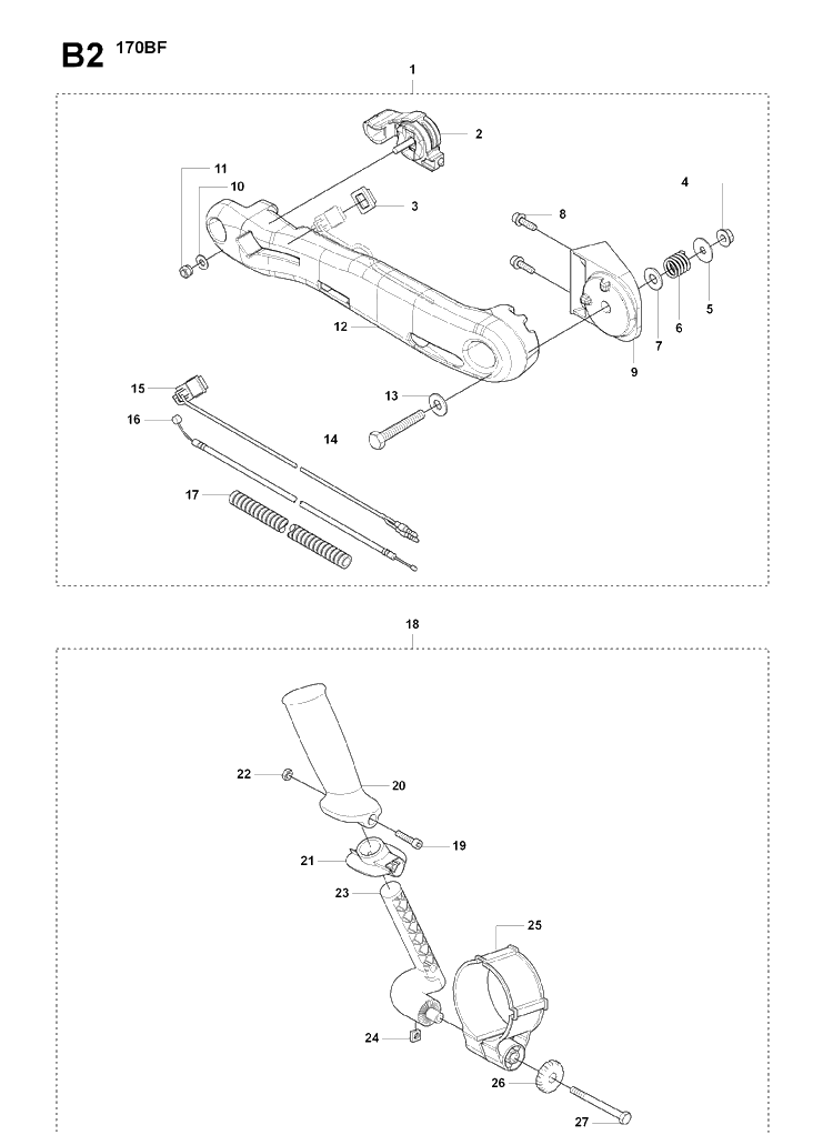 Handle And Controls Diagram and Parts List for 170BF 20084000001-Current Husqvarna Leaf Blower / Vacuum