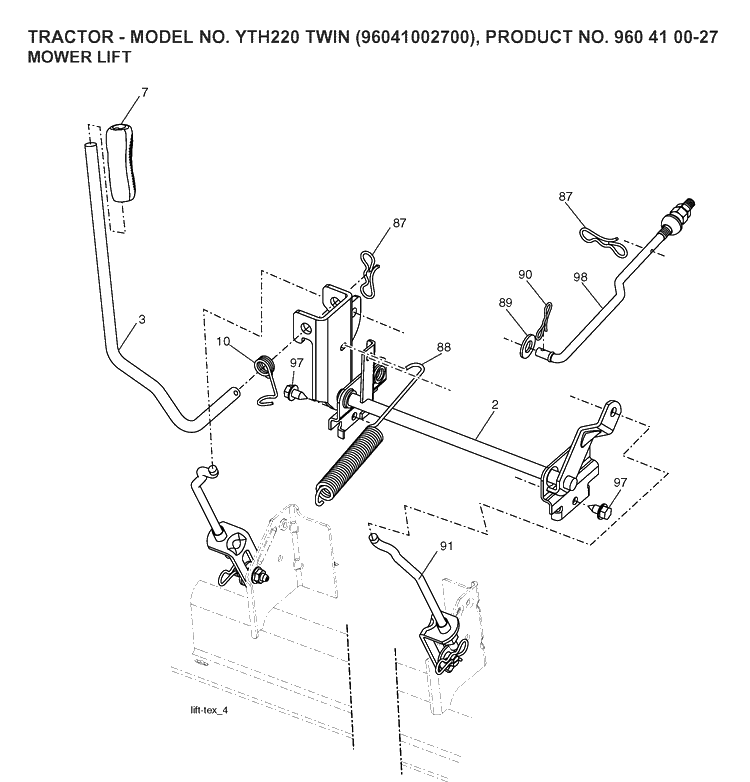 Mower Lift / Deck Lift Diagram and Parts List for YTH220TWIN (96041002700)(2007-04) Husqvarna Lawn Tractor