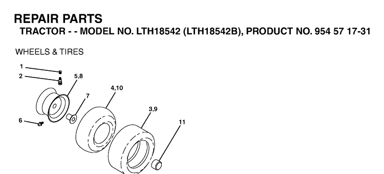 Wheels And Tires Diagram and Parts List for LTH18542-LTH18542B 2004-03 Husqvarna Lawn Tractor