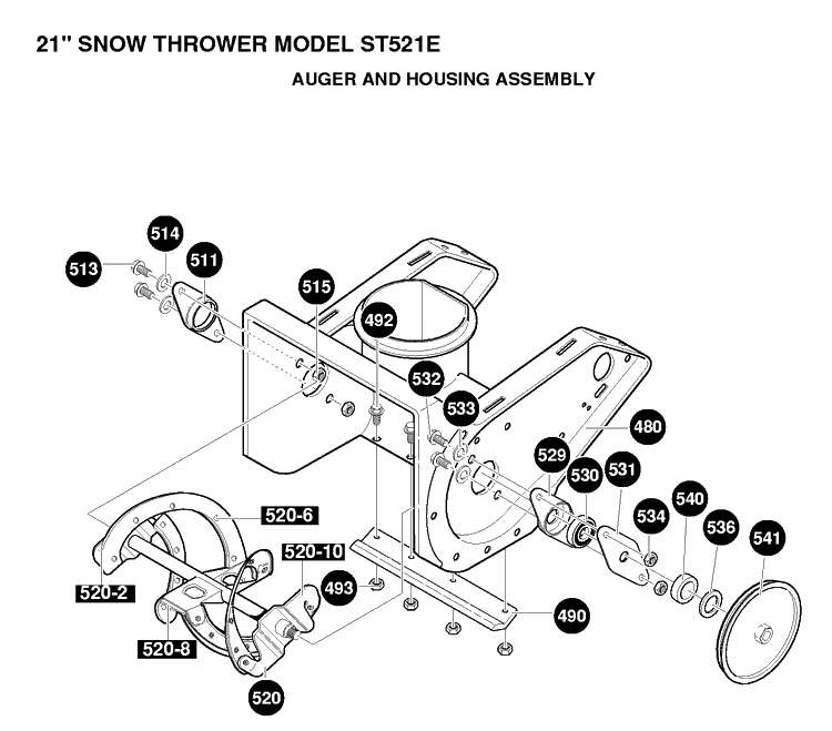 Auger Housing And Impeller Diagram and Parts List for ST521E 1997-01 Husqvarna Snow Blower