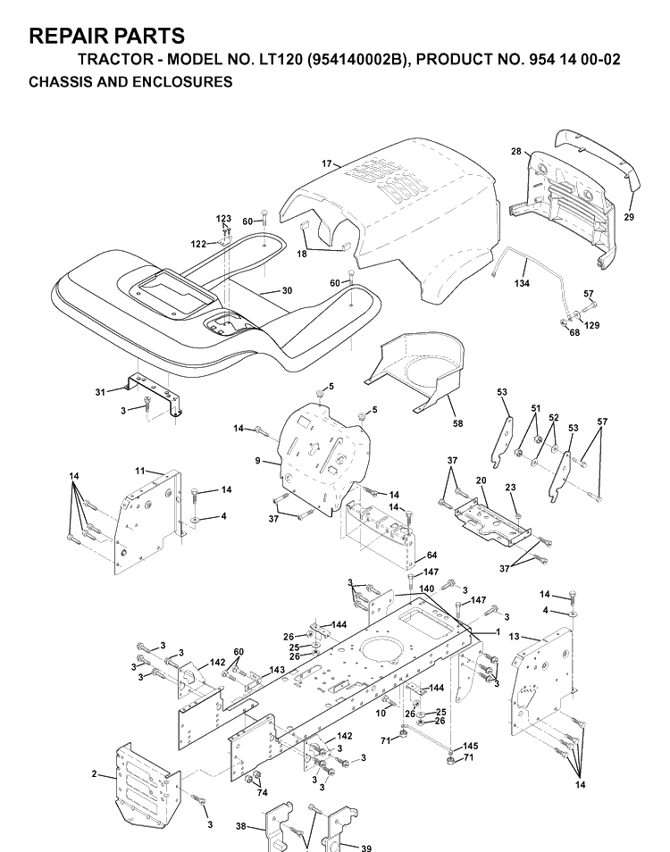 Chassis And Enclosures Diagram and Parts List for LT120 (954140002B)(1997-01) Husqvarna Lawn Tractor