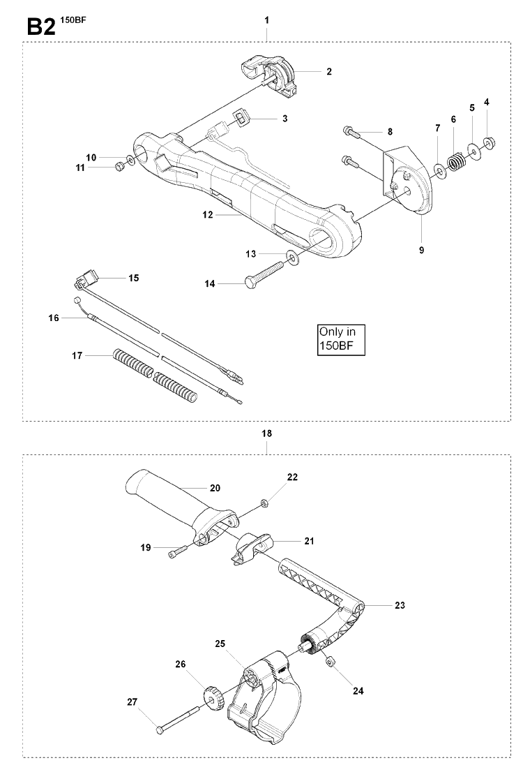 Handle And Controls Diagram and Parts List for 150BF 20084000001-Current Husqvarna Leaf Blower / Vacuum