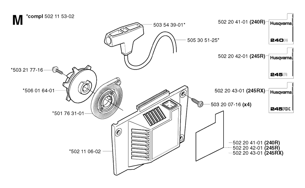 Starter Diagram and Parts List for 245RX 20023100001 & Above Husqvarna Trimmer