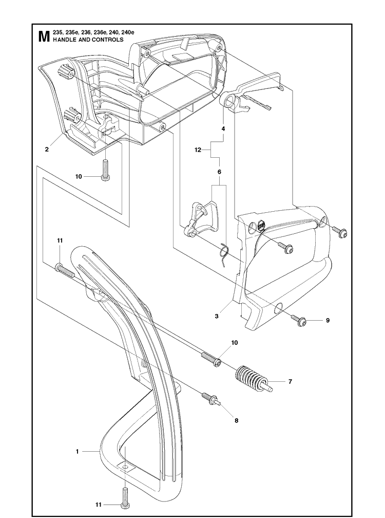 Handle And Controls Diagram and Parts List for 240 20101400001-20144000000 Husqvarna Chainsaw