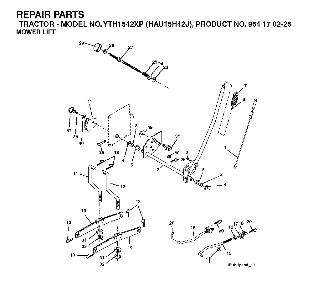Mower Lift / Deck Lift Diagram and Parts List for YTH1542XP (HAU15H42J, 954170225)(2004-09) Husqvarna Lawn Tractor