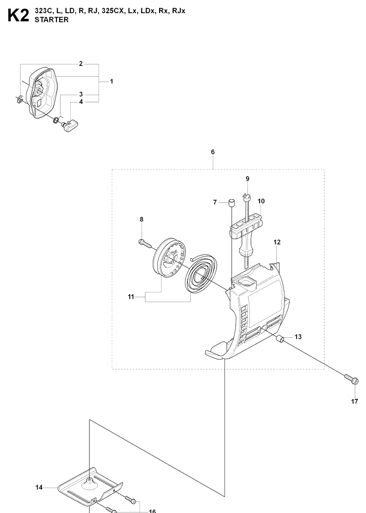 Starter 2 Diagram and Parts List for 325LDX 20080900001-Current Husqvarna Edger