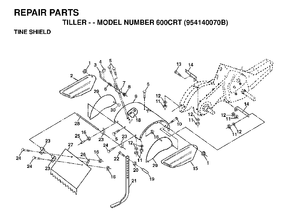Tine Shield Diagram and Parts List for 600CRT (954140070B)(1999-04) Husqvarna Tiller