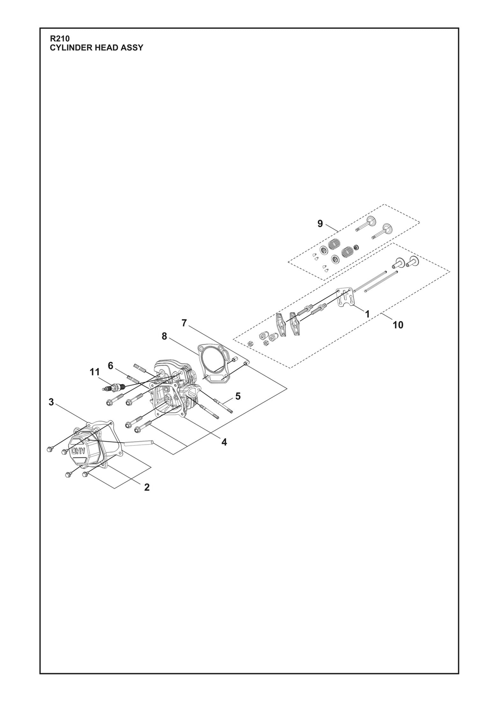 Cylinder Head Assembly Diagram and Parts List for R210  Husqvarna Engine