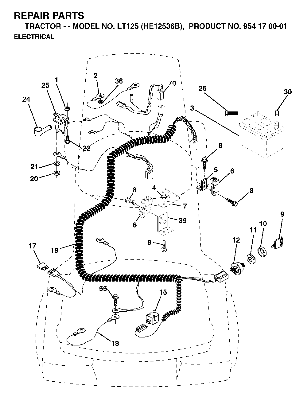 Electrical Diagram and Parts List for LT125 (HE12536B, 954170001)(1996-10) Husqvarna Lawn Tractor