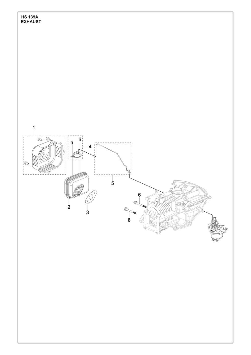 Exhaust Diagram and Parts List for HS139A531450701 531450702, 599912201, 599912202 Husqvarna Engine