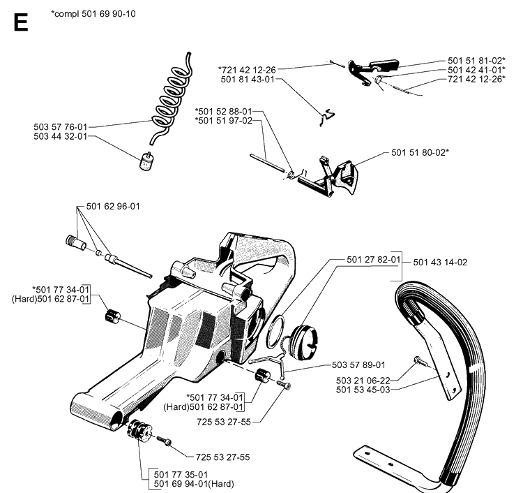 Fuel Tank And Handle Diagram and Parts List for 61 20014000001-20110100000 Husqvarna Chainsaw