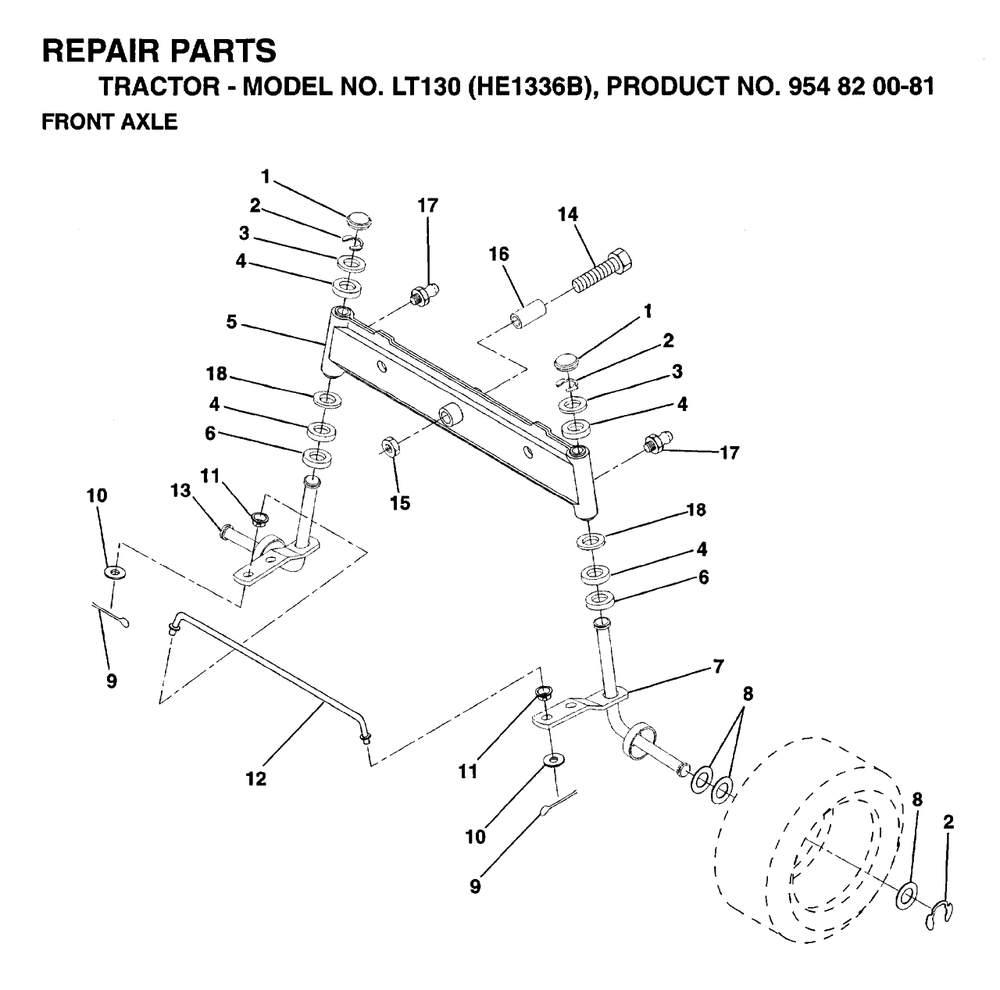 Front Axle Diagram and Parts List for LT130 (954820081-B)(1996-01) Husqvarna Lawn Tractor