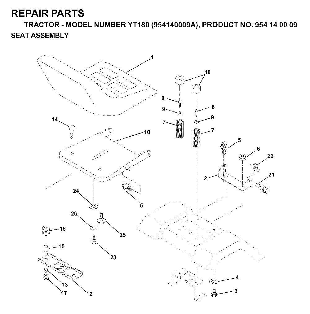 Seat Diagram and Parts List for YT180 (954140009A)(1997-01) Husqvarna Lawn Tractor