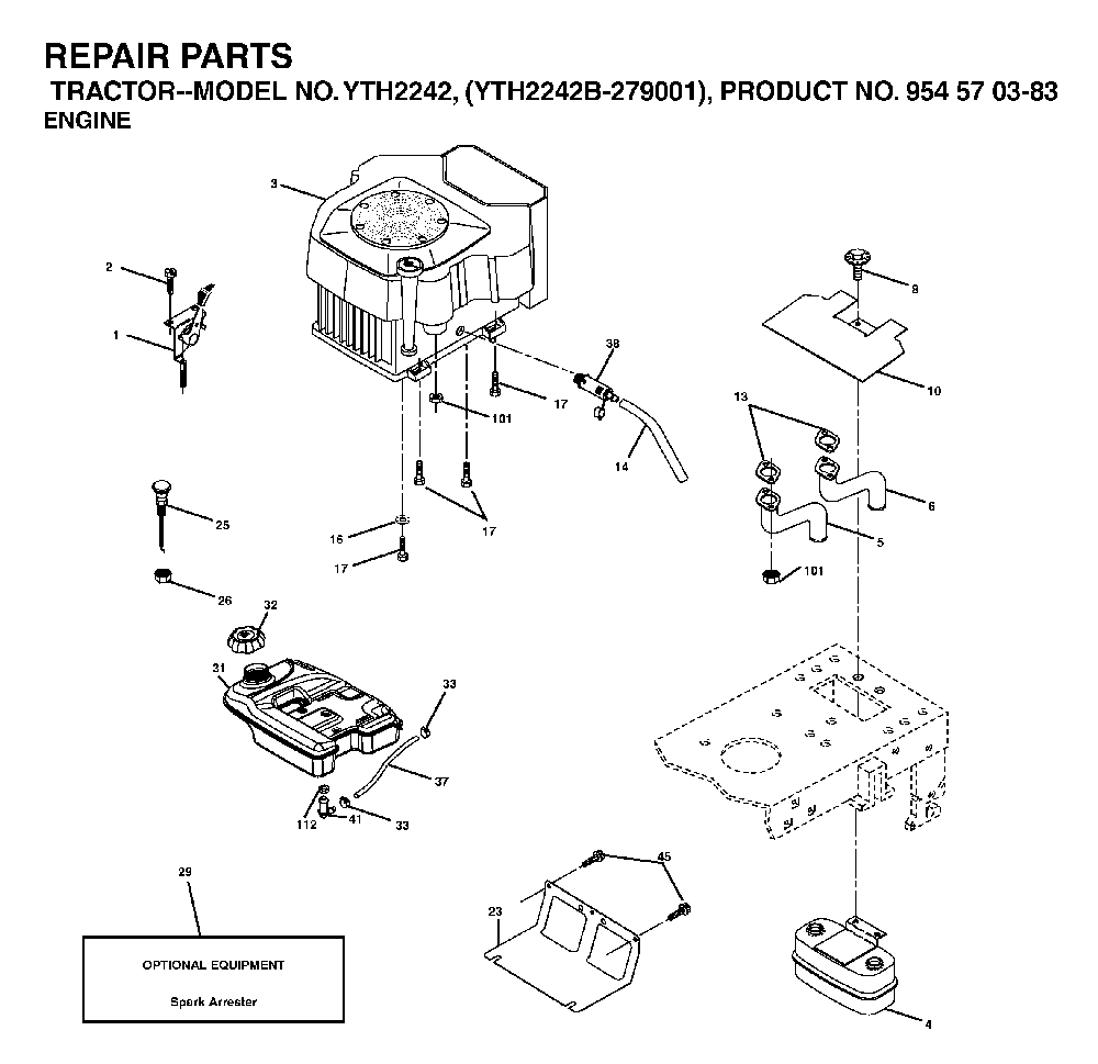Engine Diagram and Parts List for YTH2242B (954570383)(2003-01) Husqvarna Lawn Tractor
